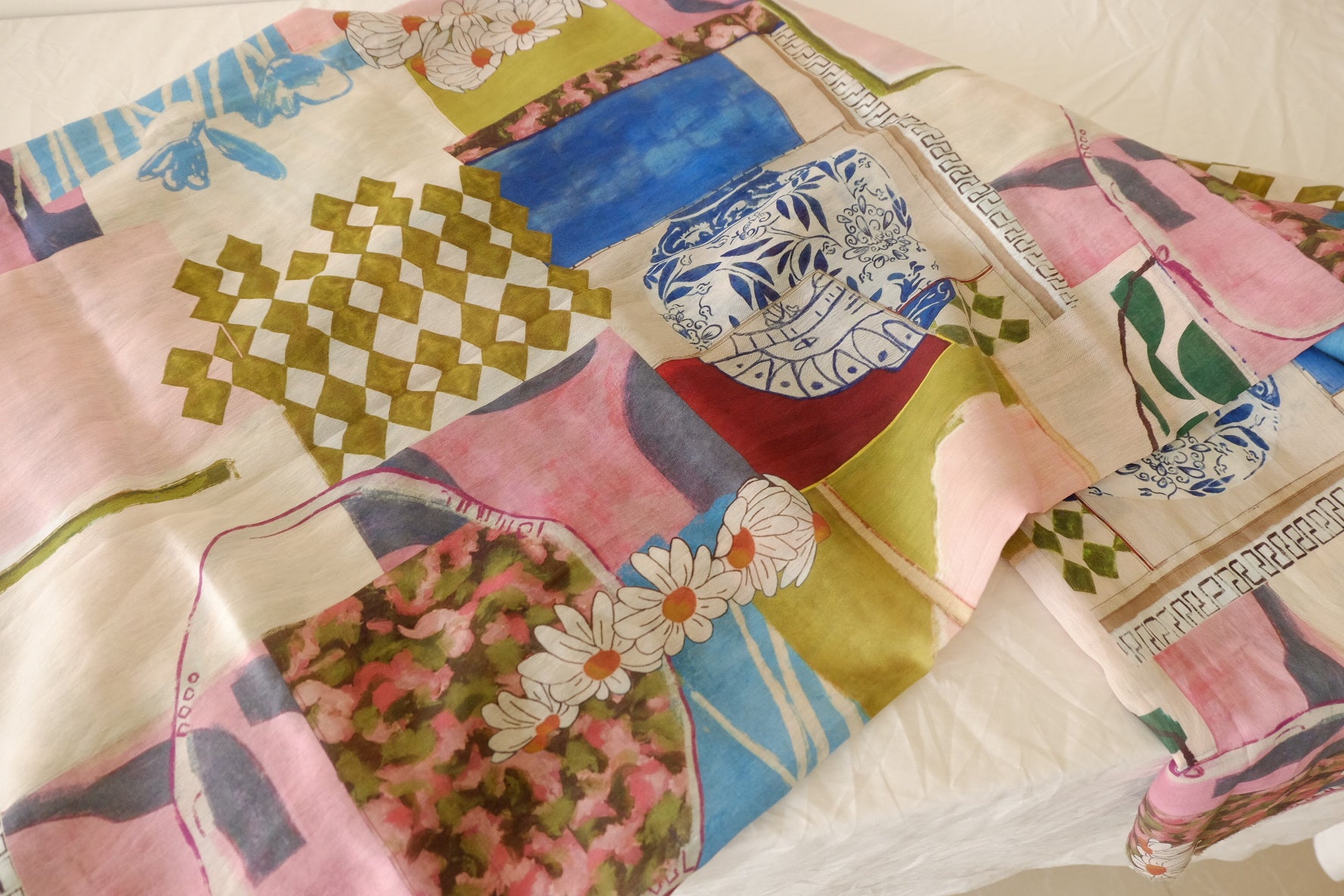 Artist’s Table Collage Print Tencel Linen Fabric – 2.19 yd Piece