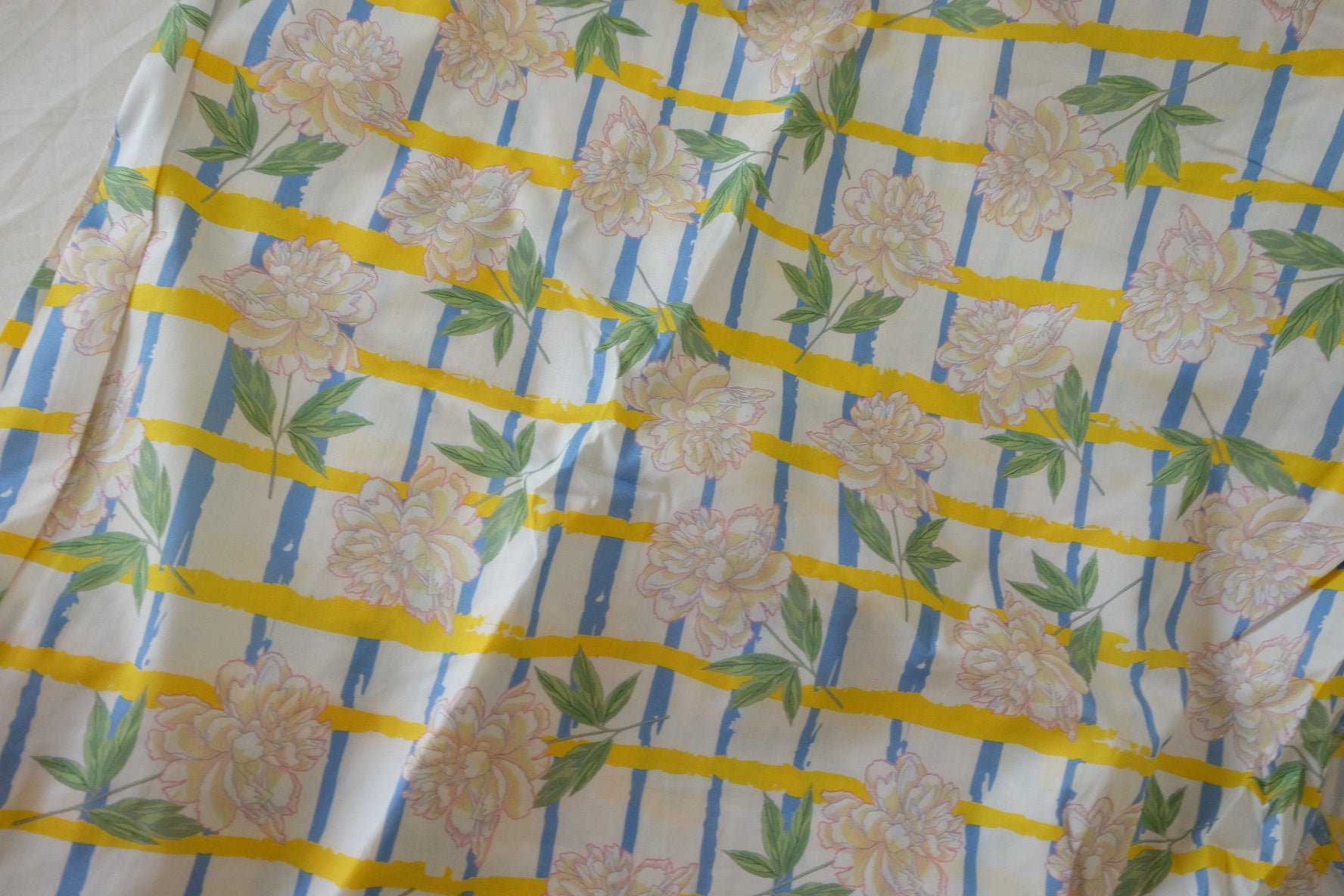 Sunny Stripe Floral Cotton Lawn Fabric – Yellow Blue Garden Print (1.9 yd Cut)
