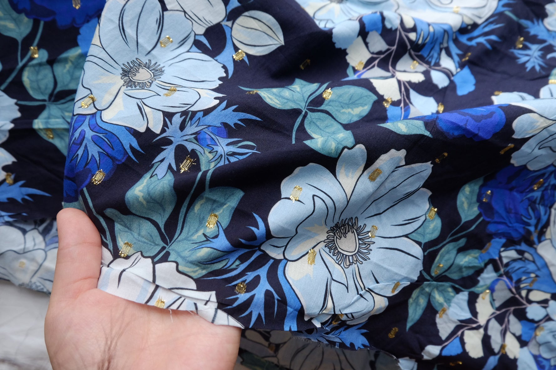 Blue Floral Gold-Dobby Cotton Lawn – 1.2 yd