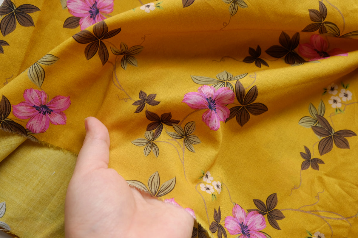 Mustard & Pink Floral Cotton Lawn – 2.2 yd