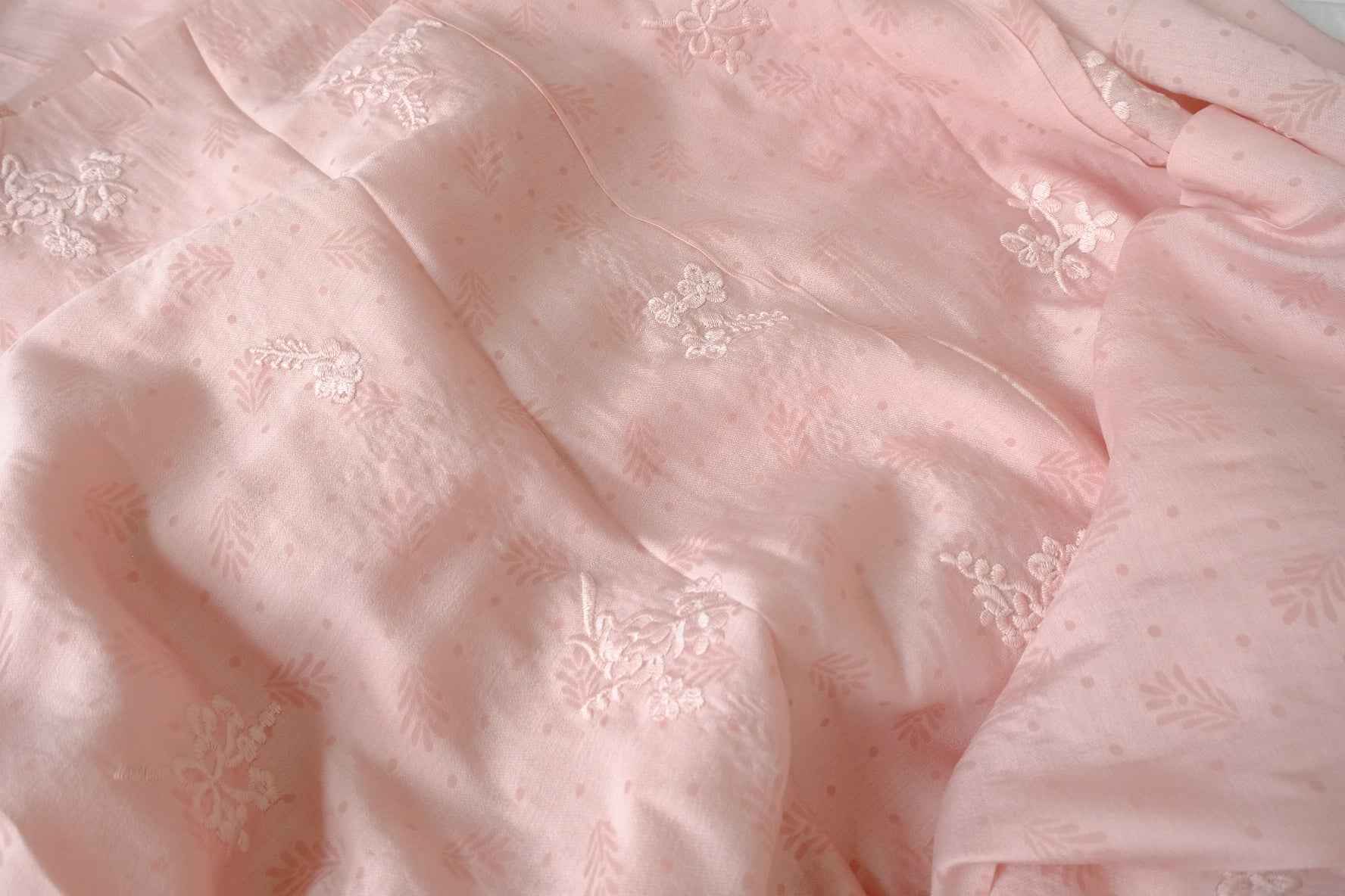Textured Tencel Fabric with Delicate Embroidery, Soft Blue/Pink, 3.28 Yards