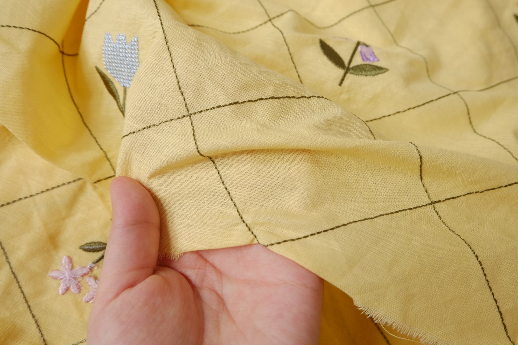 Yellow Embroidered Grid Linen Cotton, 2.19 Yards