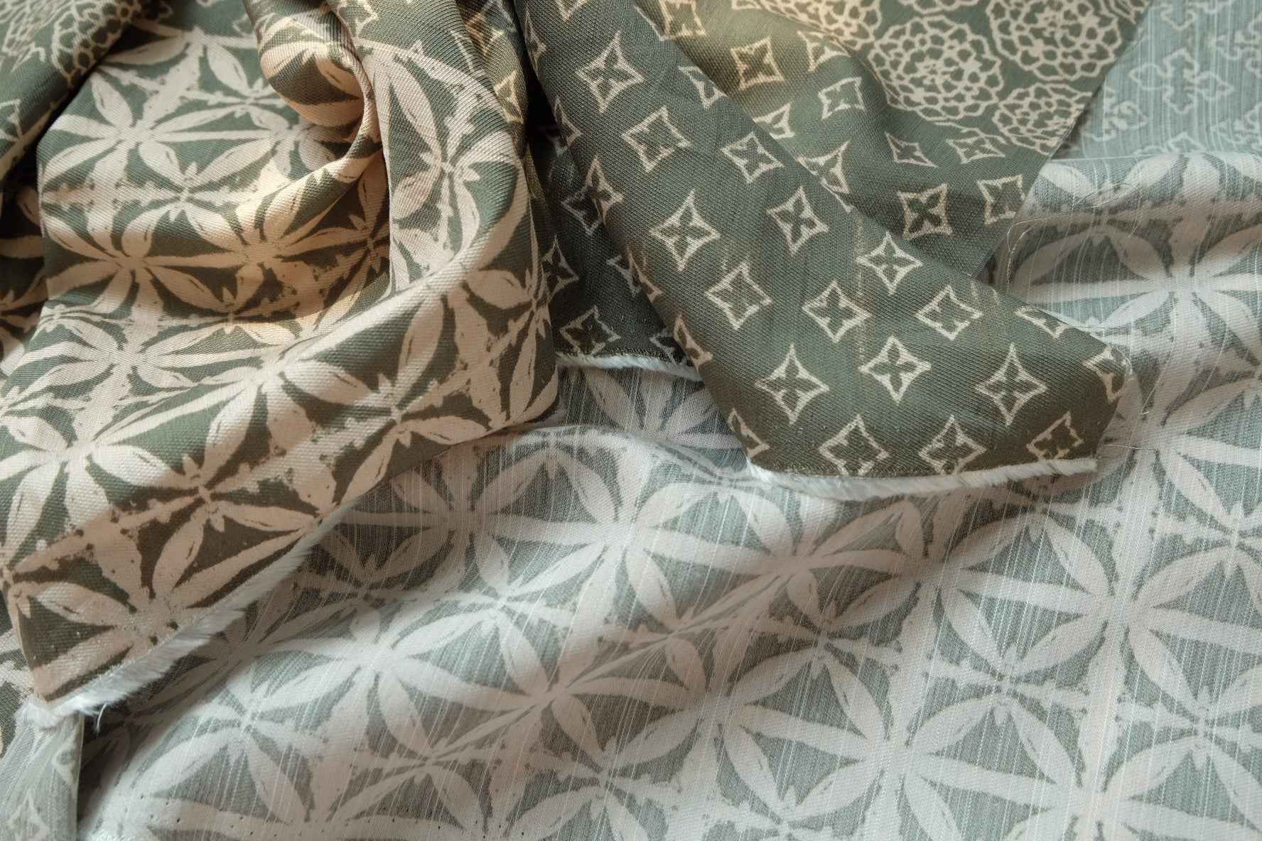 Muted Green Geometric Floral Fabric, Soft Dress Weight Poly Cotton Blend, 3.28 Yards