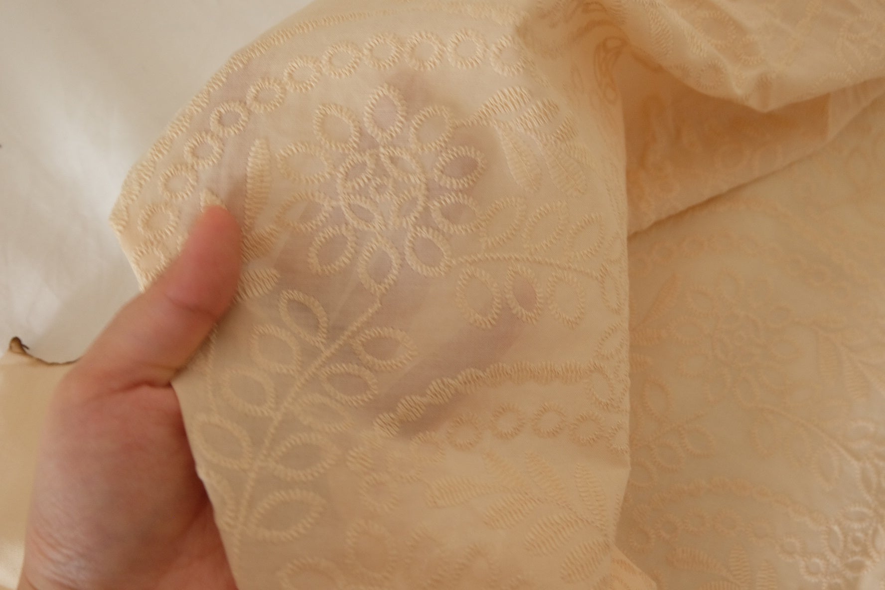 Cream Textured Embroidered Cotton Fabric – Structured Floral Paisley – 2.2 yd