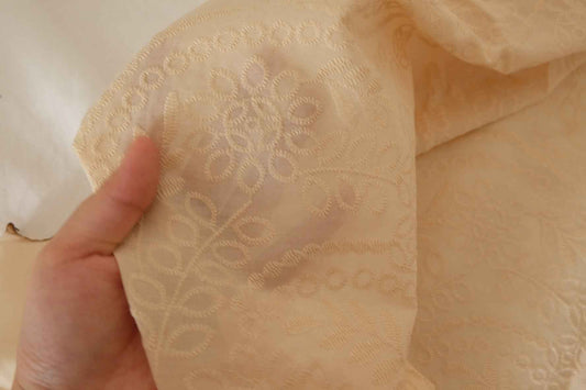 Cream Textured Embroidered Cotton Fabric – Structured Floral Paisley – 2.2 yd