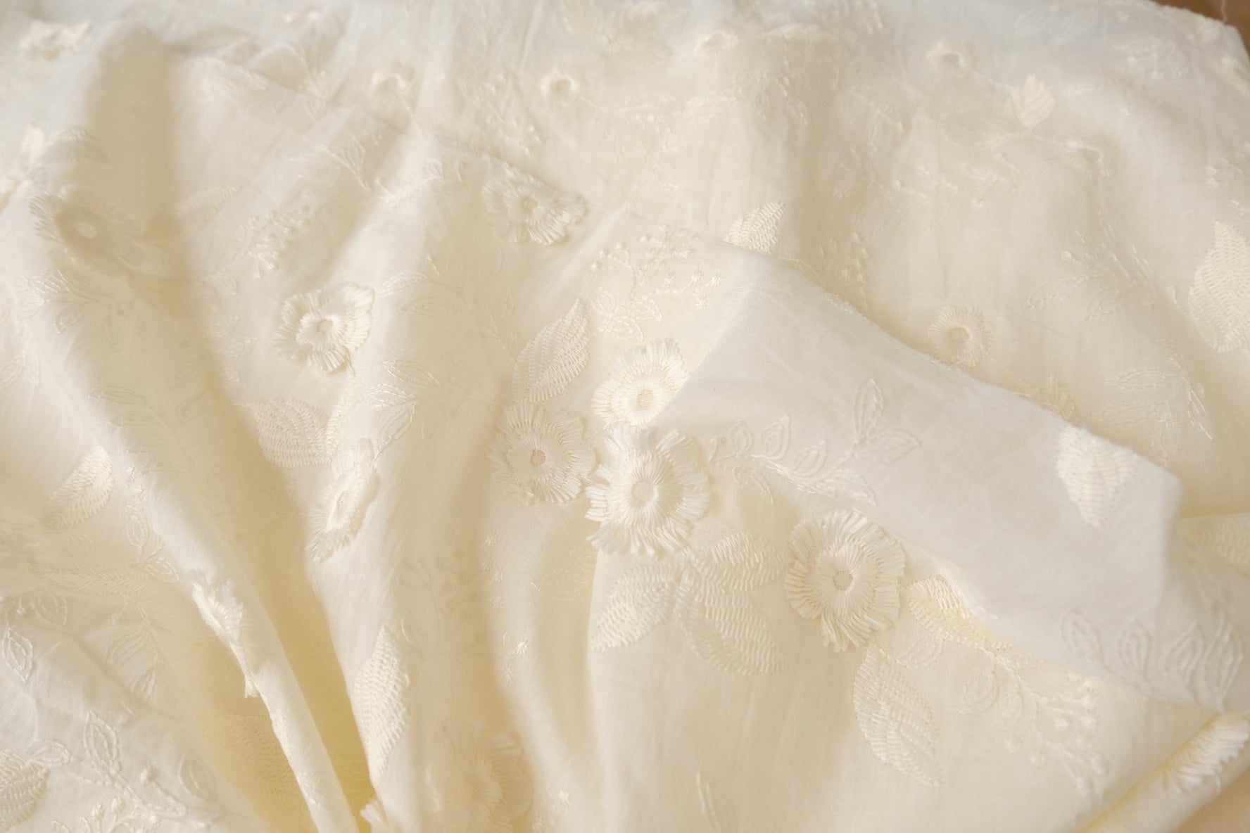 White 3D Embroidered Cotton Fabric, 2.19 Yards
