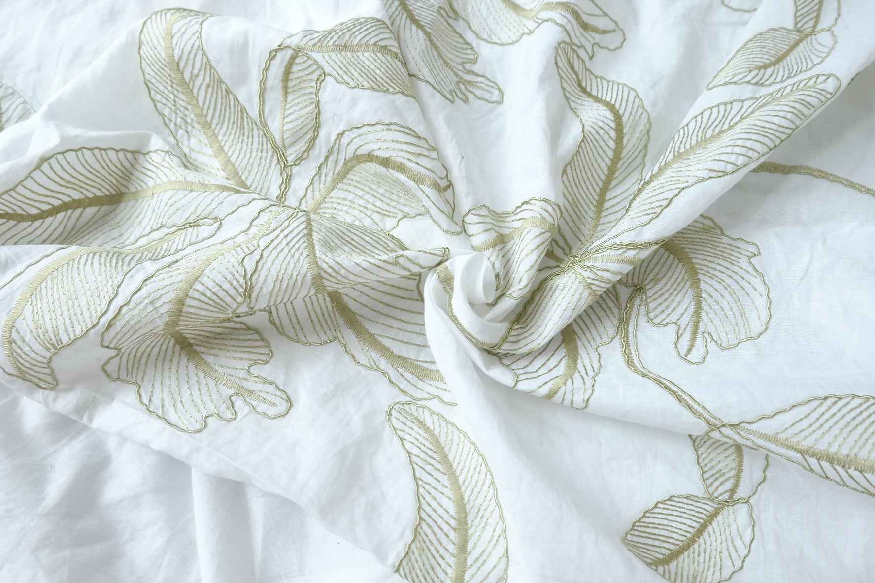 Embroidered Cotton Fabric, Ivory with Soft Botanical Vine Motifs, 2.84 Yards