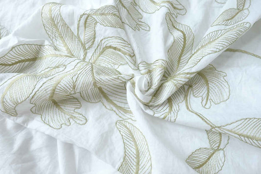 Embroidered Cotton Fabric, Ivory with Soft Botanical Vine Motifs, 2.84 Yards