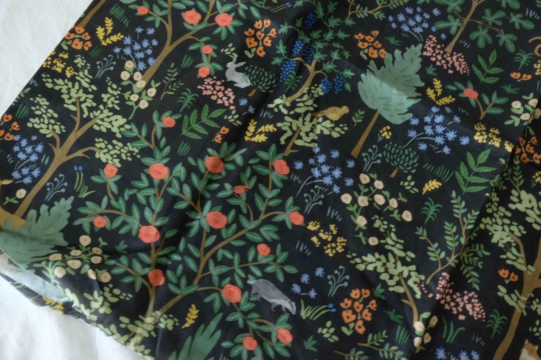 Dark Woodland Garden Cotton Voile Fabric – Storybook Floral & Nature Print – 2.2 yd