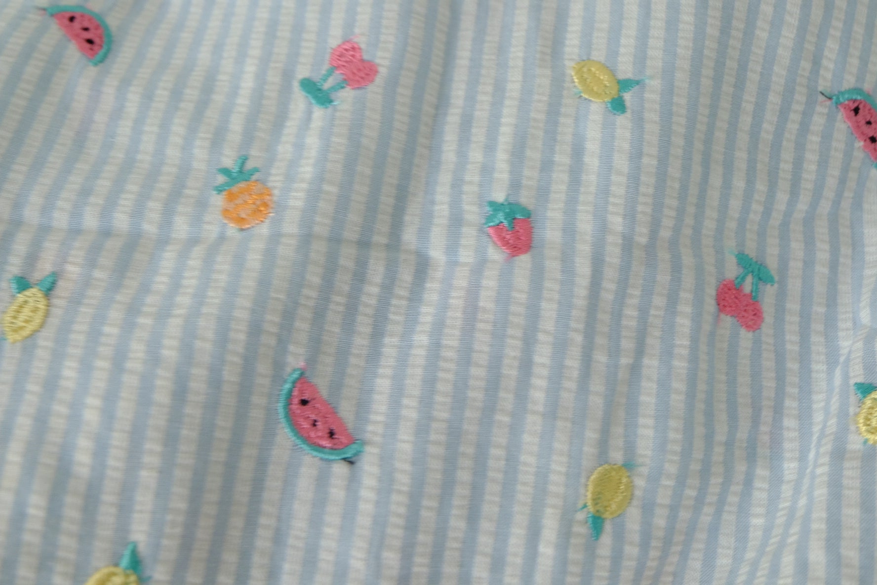 Embroidered Fruit Stripe Cotton Seersucker – 2.2 yd