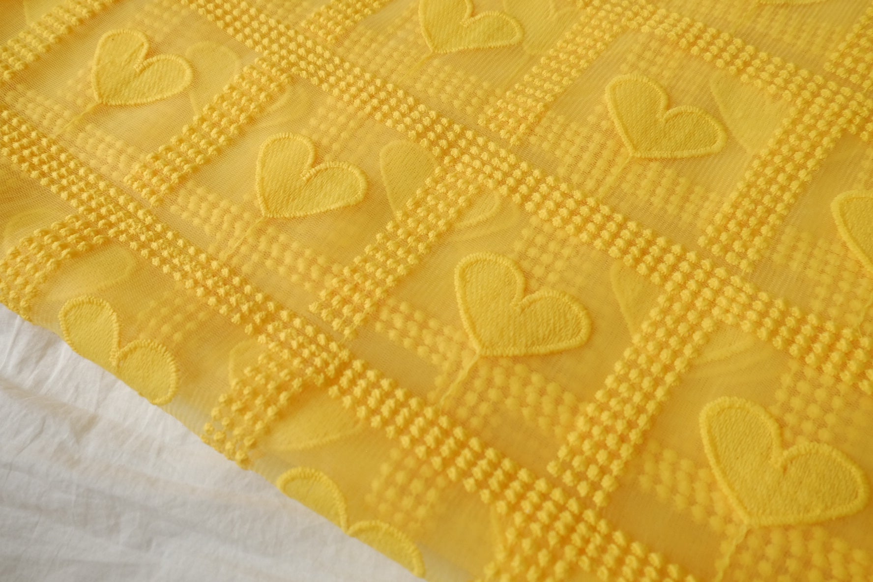 Yellow 3D Embroidered Heart Mesh Fabric - 3.28 yd