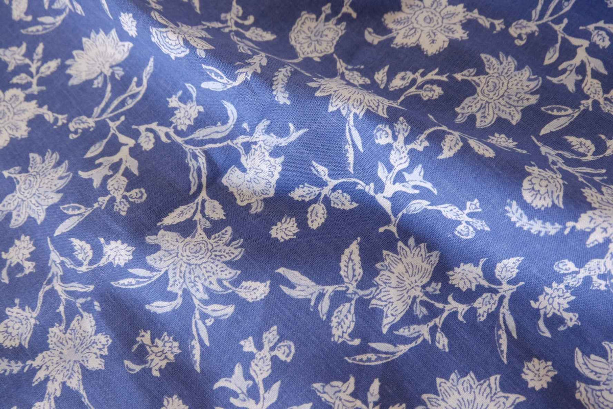 Vintage Blue Botanical Cotton Linen Fabric – 2.2 yd