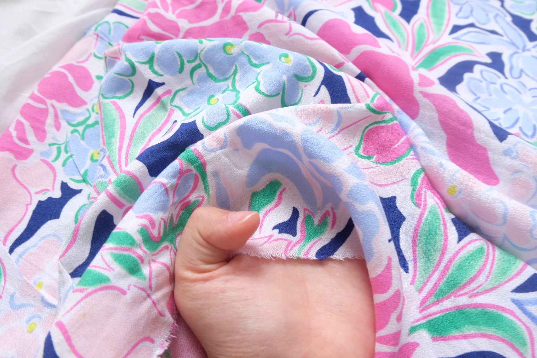 Pink Blue Floral Rayon Dress Fabric, Soft Drapey Summer Weight, 2.19 Yards