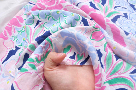 Pink Blue Floral Rayon Dress Fabric, Soft Drapey Summer Weight, 2.19 Yards