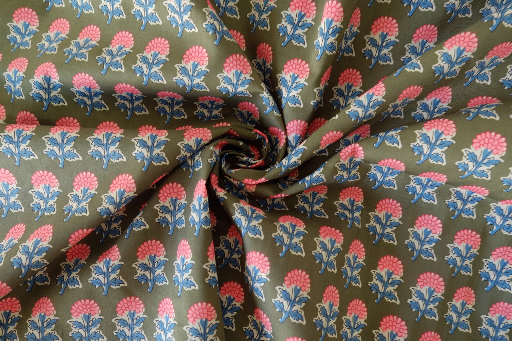 Olive Block Floral Cotton Poplin Fabric – 2.2 yd