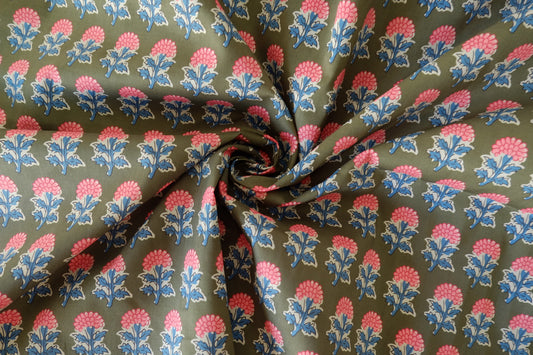 Olive Block Floral Cotton Poplin Fabric – 2.2 yd