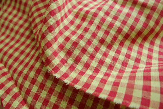 Vintage Red & Chartreuse Gingham Cotton Fabric - 3.28 yd