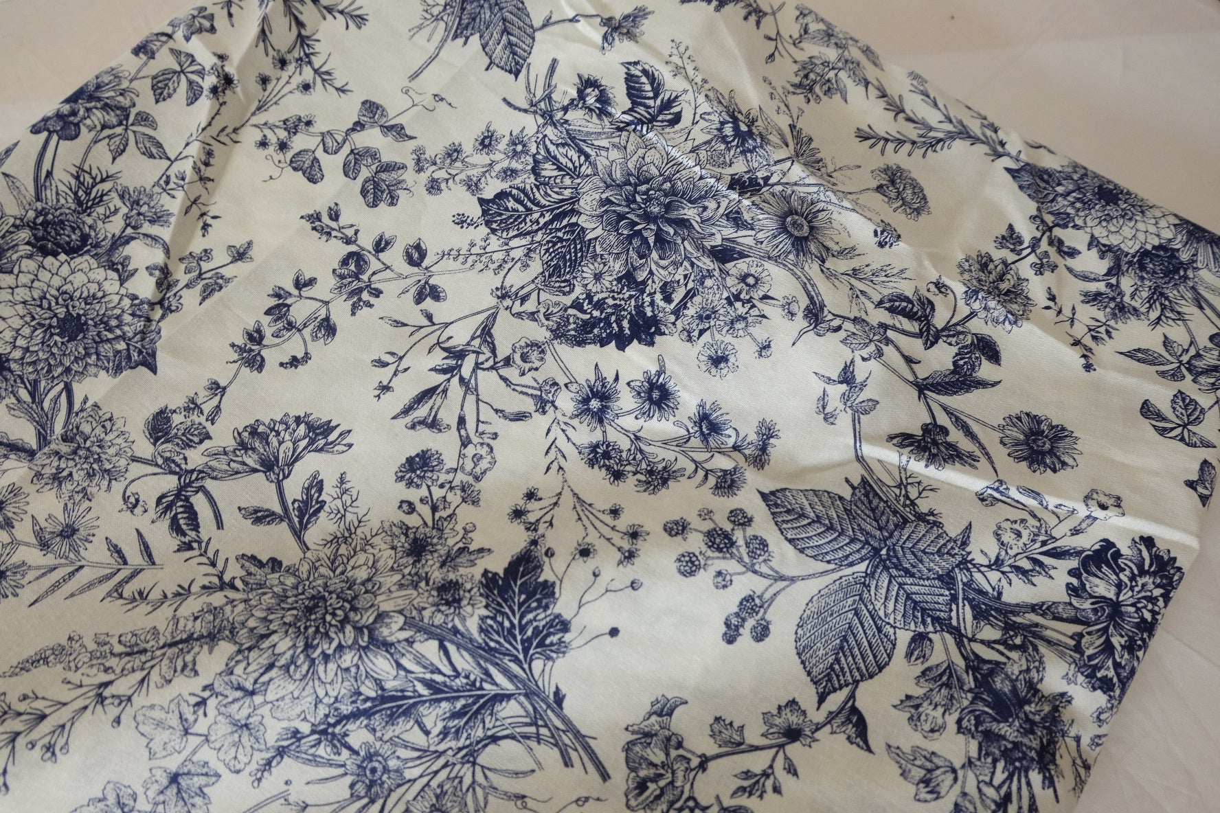 Vintage Botanical Sketch Cotton Fabric – Blue & White Floral Print – 3.3 yd