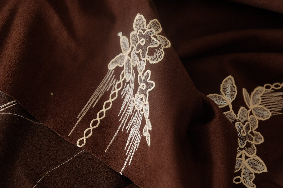 Chocolate Floral Embroidered Faux Suede – 1.1 yd