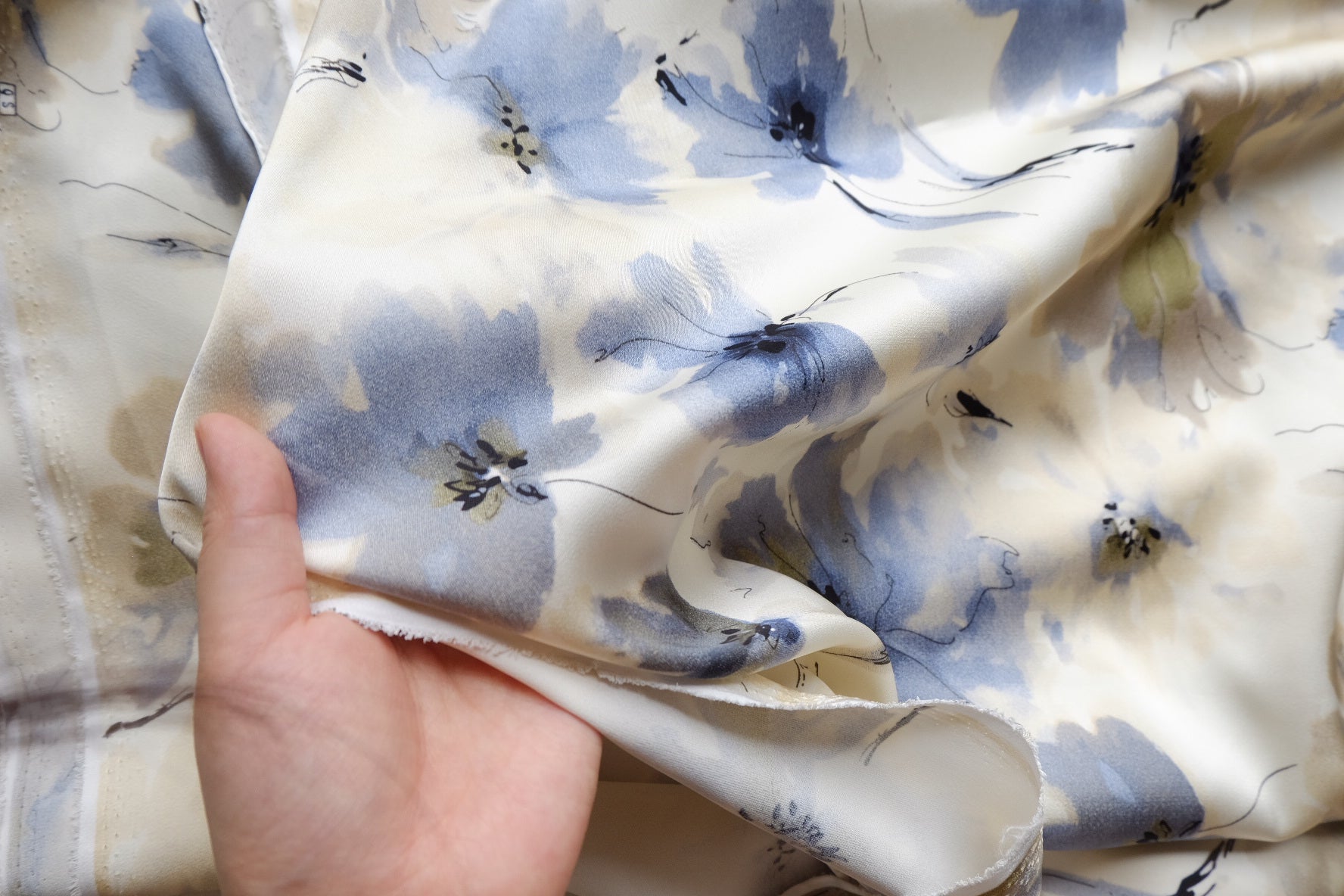 Blue Watercolor Floral Satin – 3.3 yd