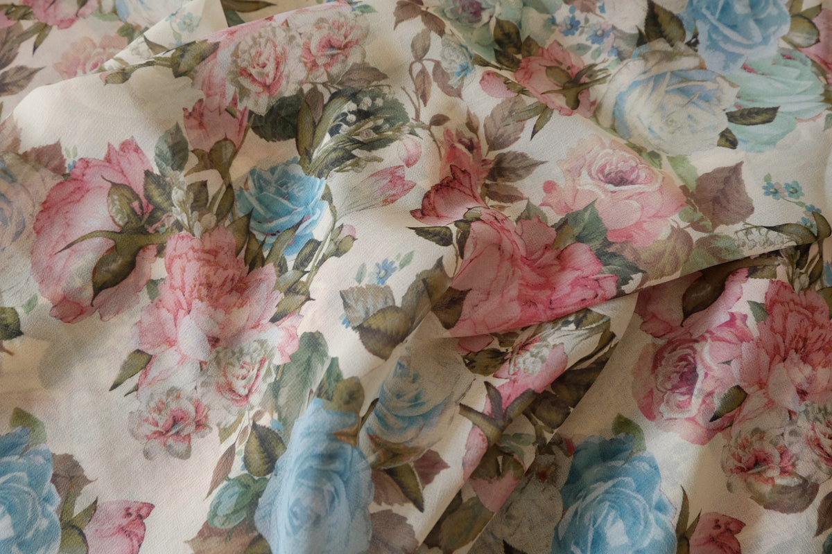 Vintage Rose Garden – Airy Floral Chiffon Fabric – 3.28 yd