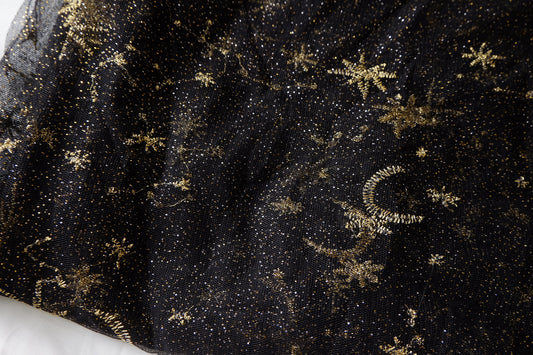Black Celestial Glitter Lace Tulle Fabric - 4.37 yd