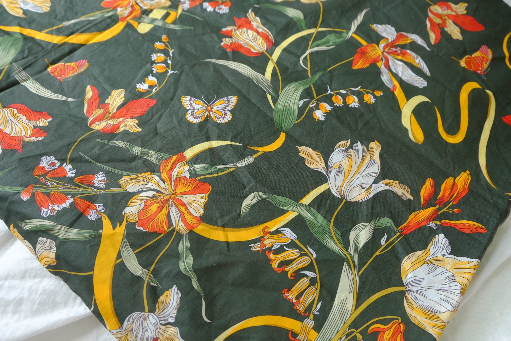 Dark Green Lily Ribbon Cotton Lawn Fabric - 3.72 yd