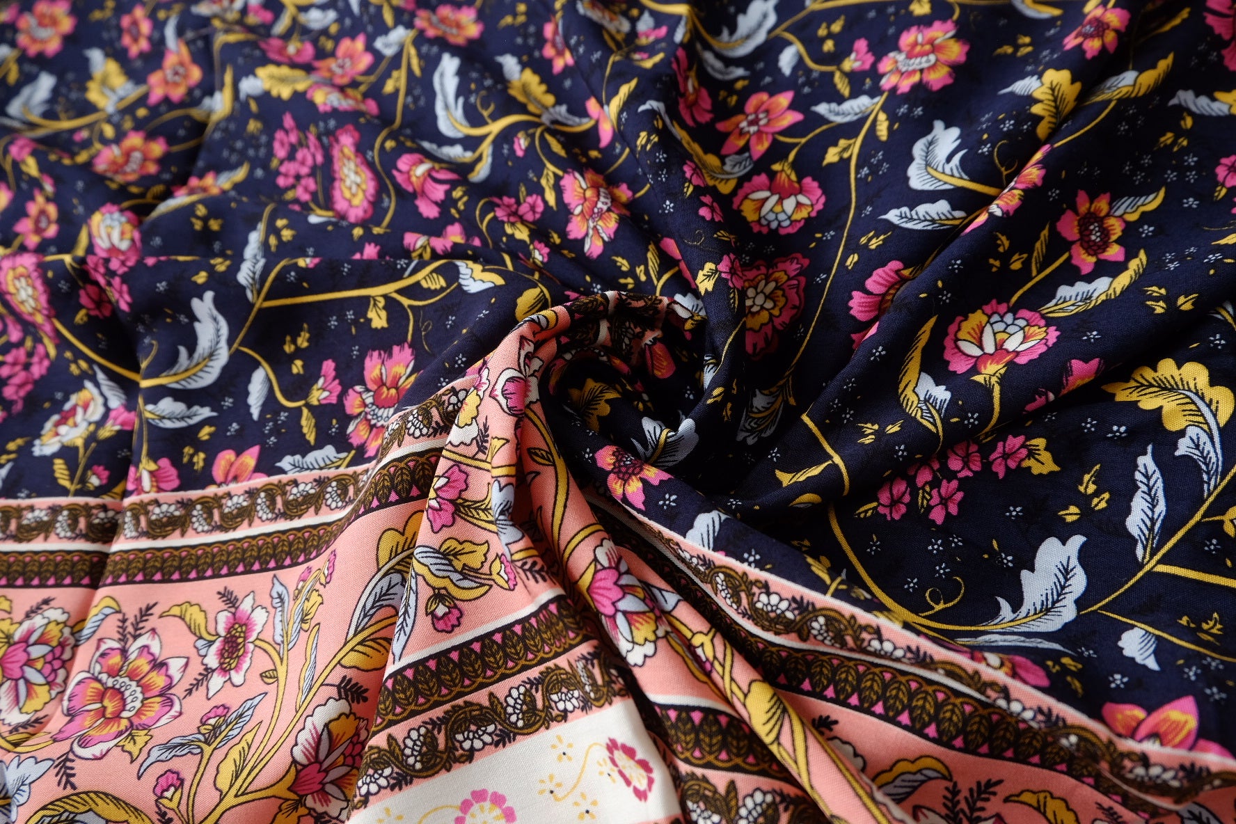 Double Border Floral Rayon Fabric in Navy and Pink, Soft & Drapey, 3.3 Yards