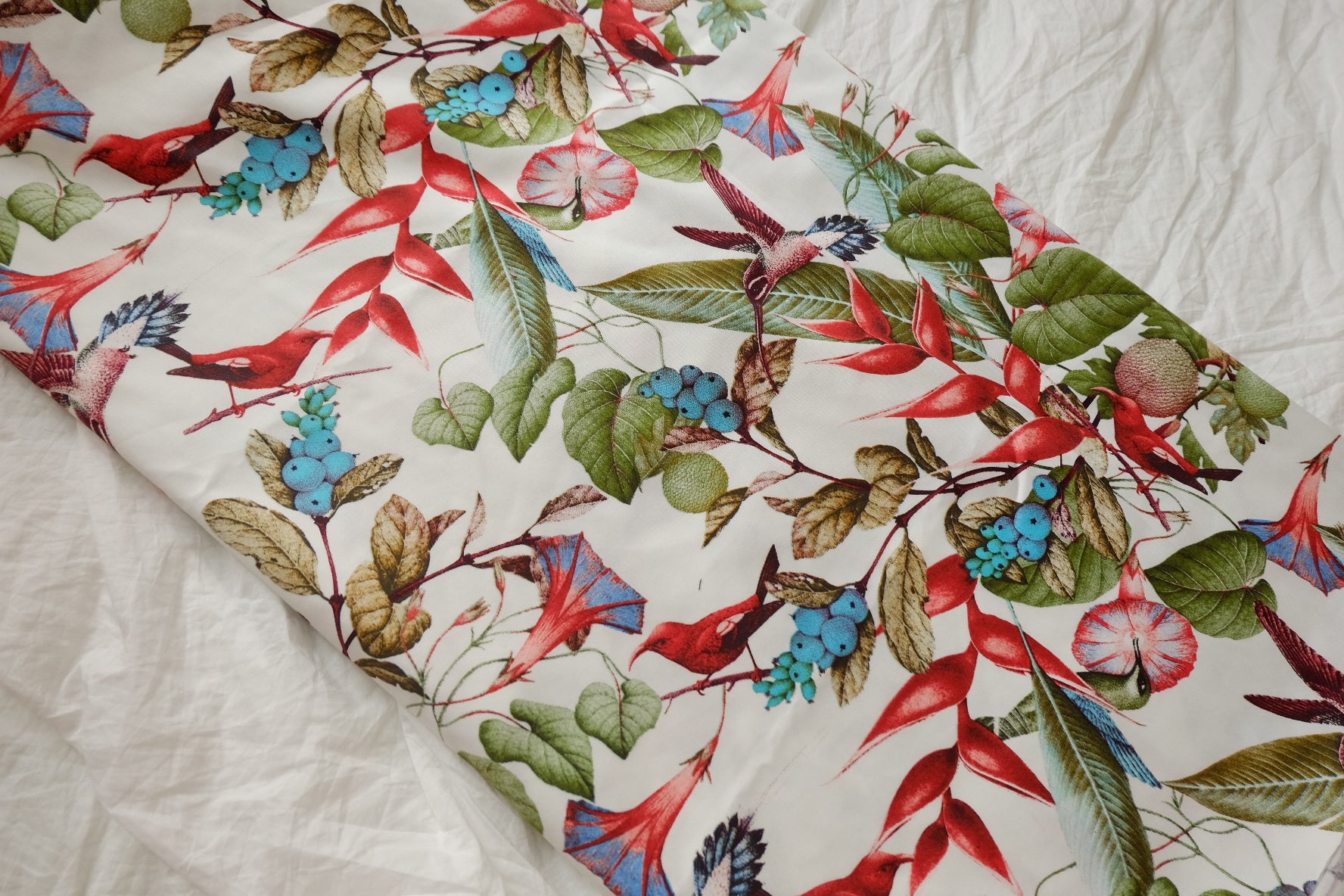 Tropical Bird & Botanical Cotton Sateen Fabric – Crisp 60s Statement Print (3.28 yards)