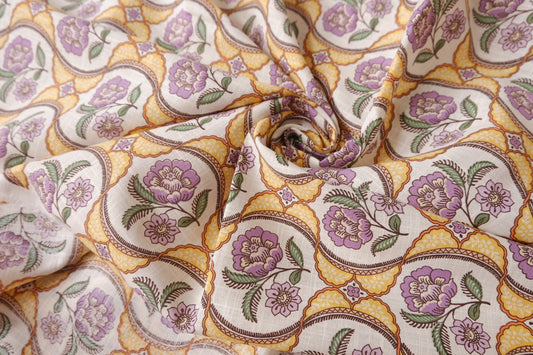 Vintage Tile Floral Linen Cotton Fabric - 1.64 yd