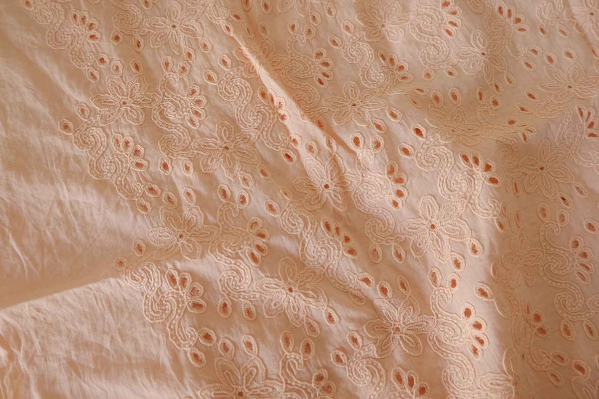 Peach Floral Embroidered Cotton Eyelet Fabric – 1.7 yd