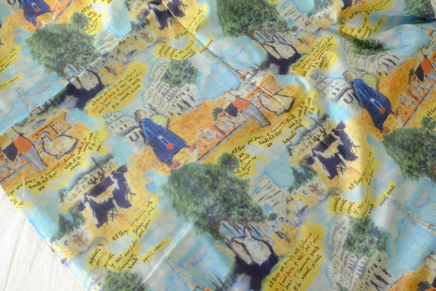 Watercolor City Illustration Lightweight Cotton Fabric – 2.2 yd