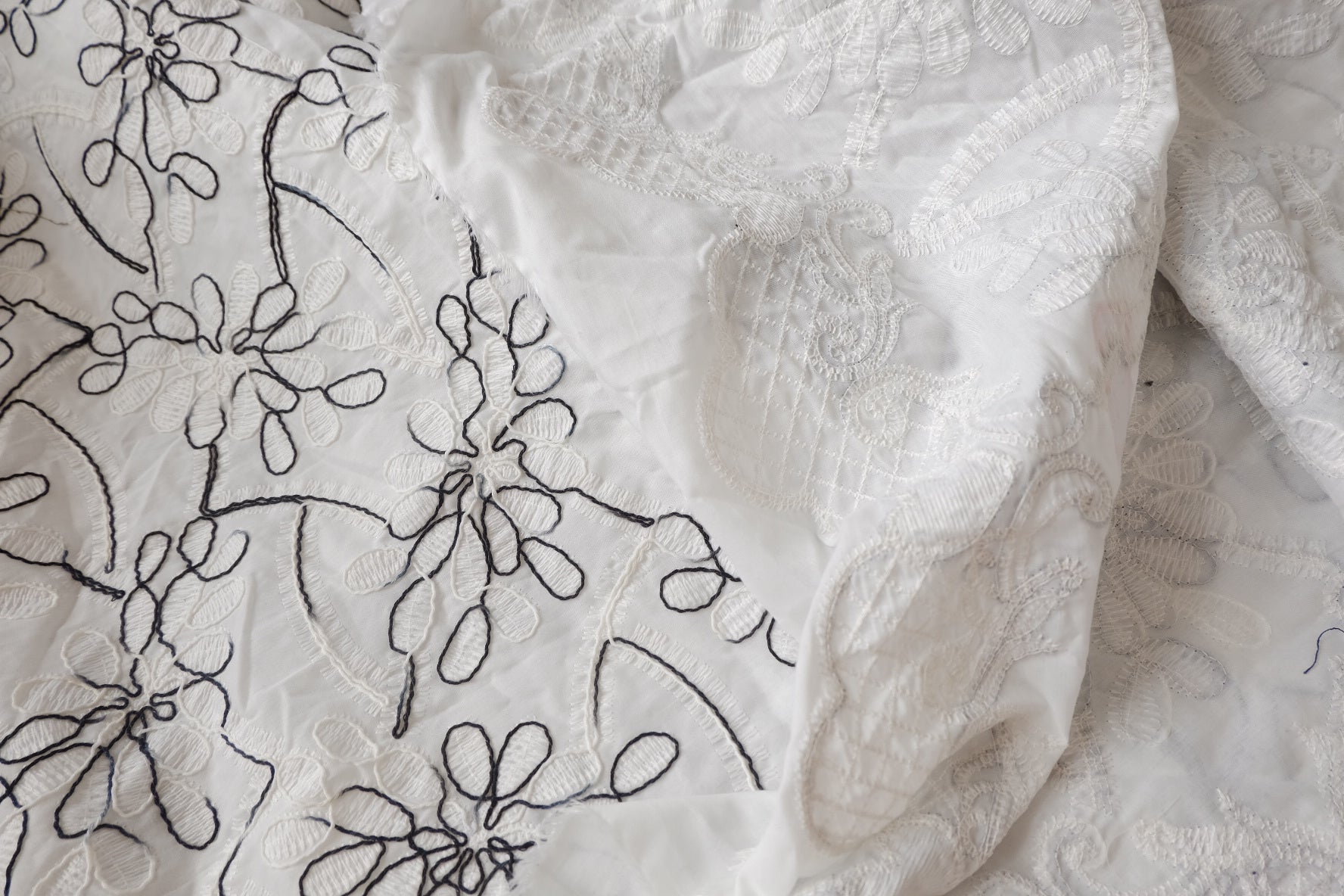 Graphic Floral Embroidered Cotton Fabric, Structured Midweight, 1.7 Yards