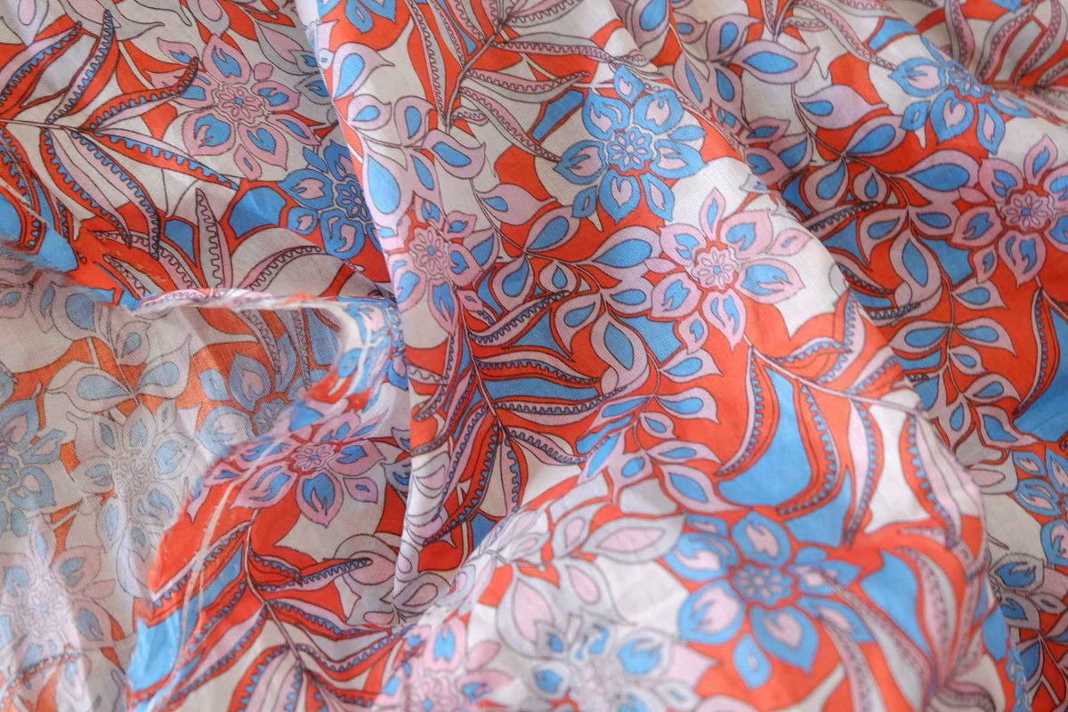 Coral & Sky Blue Botanical Cotton Voile Fabric – 5.5 yd