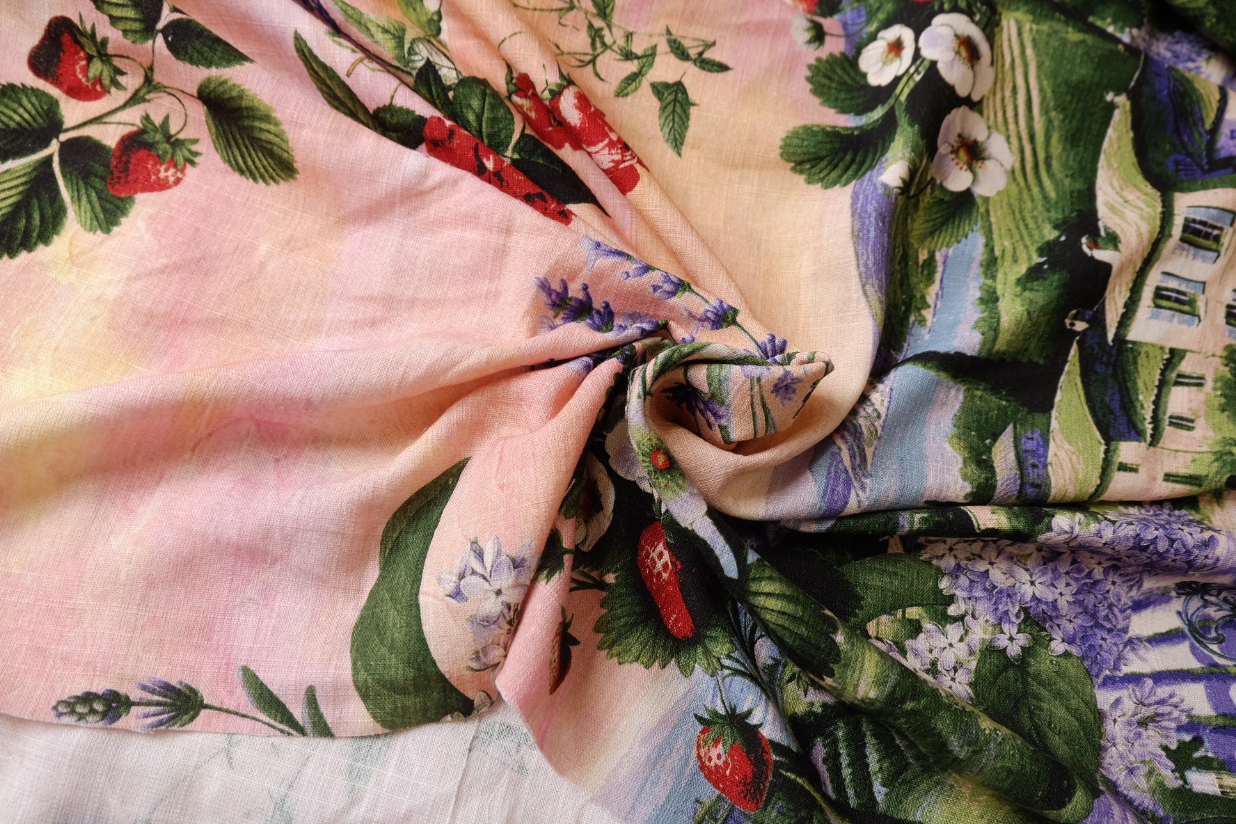 Countryside Garden Scenic Cotton Linen Fabric — 2.19 yd