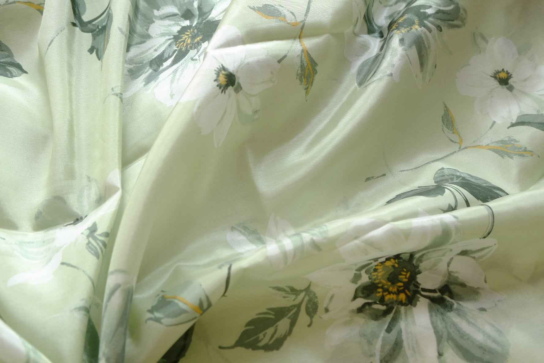Soft Green Floral Tencel Satin Fabric, Lightweight Drapey Dress Weight, 2.19 Yards