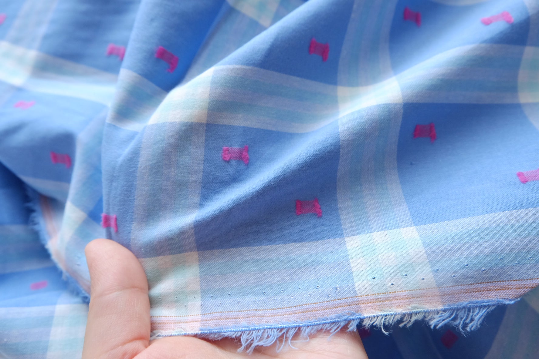 Blue Plaid Clip-Dot Cotton Fabric - 2.19 yd