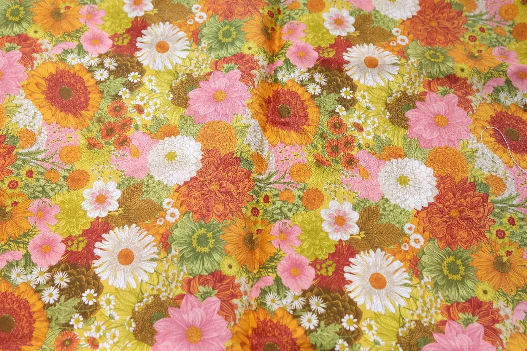 Organic Floral Cotton Poplin Fabric, Retro Garden Print, 2.19 Yards