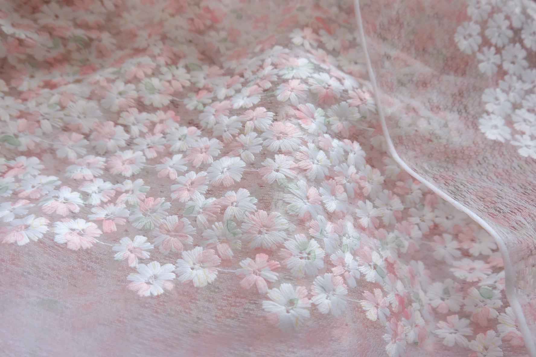 Pink Daisy Embroidered Tulle Fabric - 1.42 yd / 2.84 yd