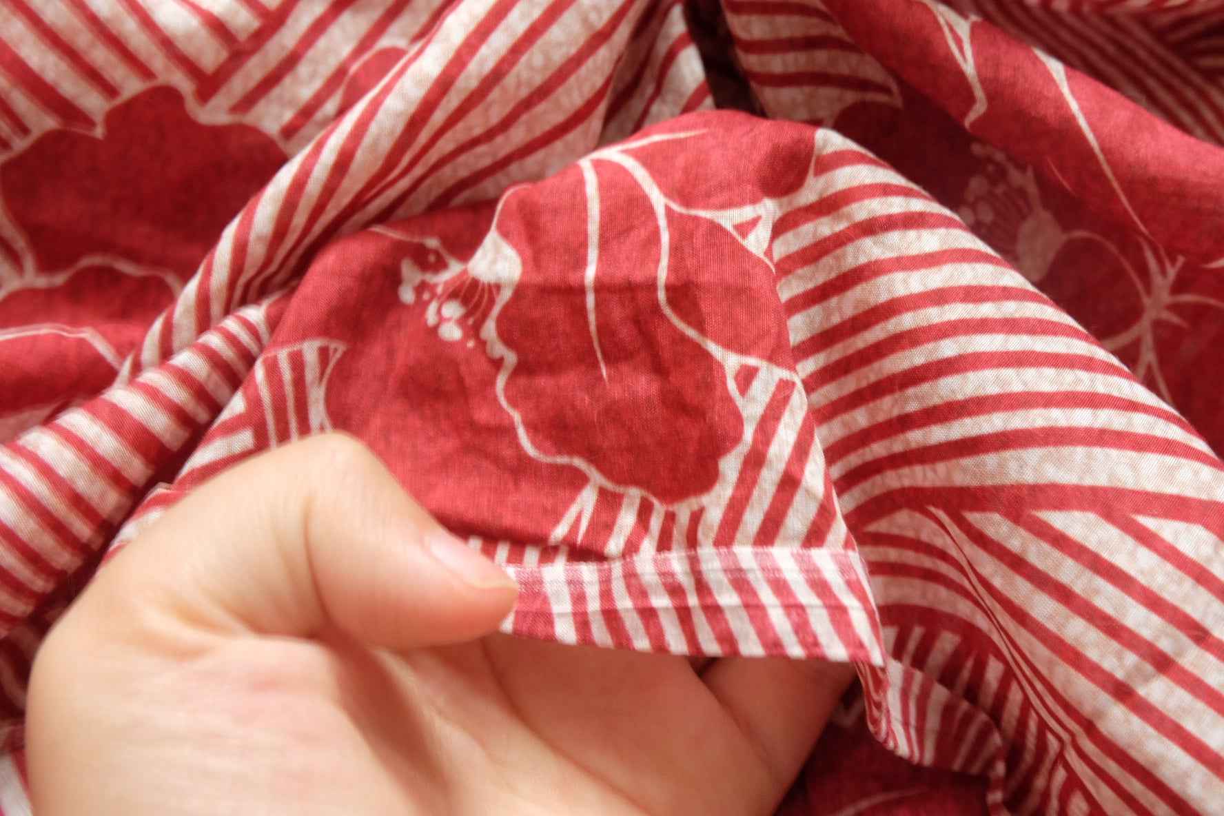 Cotton Silk Blend Fabric in Red Floral Stripe, Lightweight Dress and Blouse Weight, 3.61 Yards