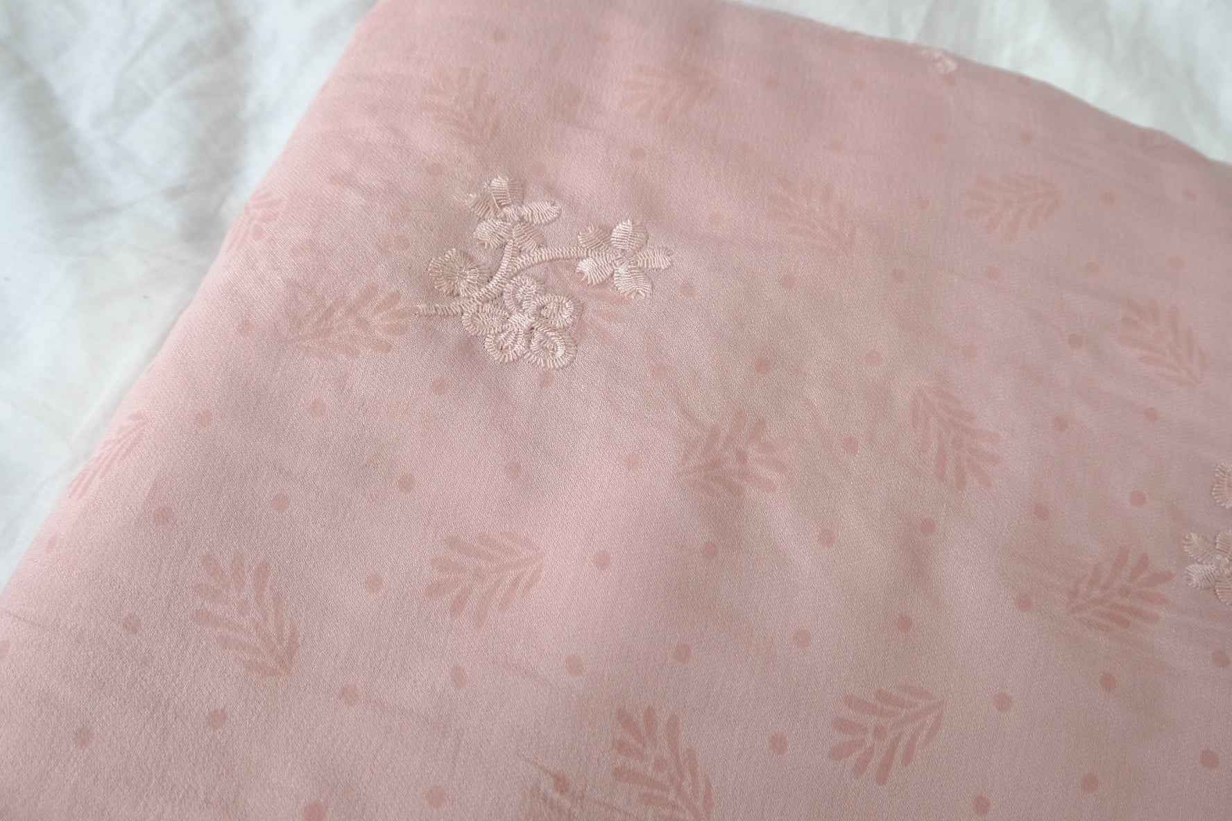Textured Tencel Fabric with Delicate Embroidery, Soft Blue/Pink, 3.28 Yards