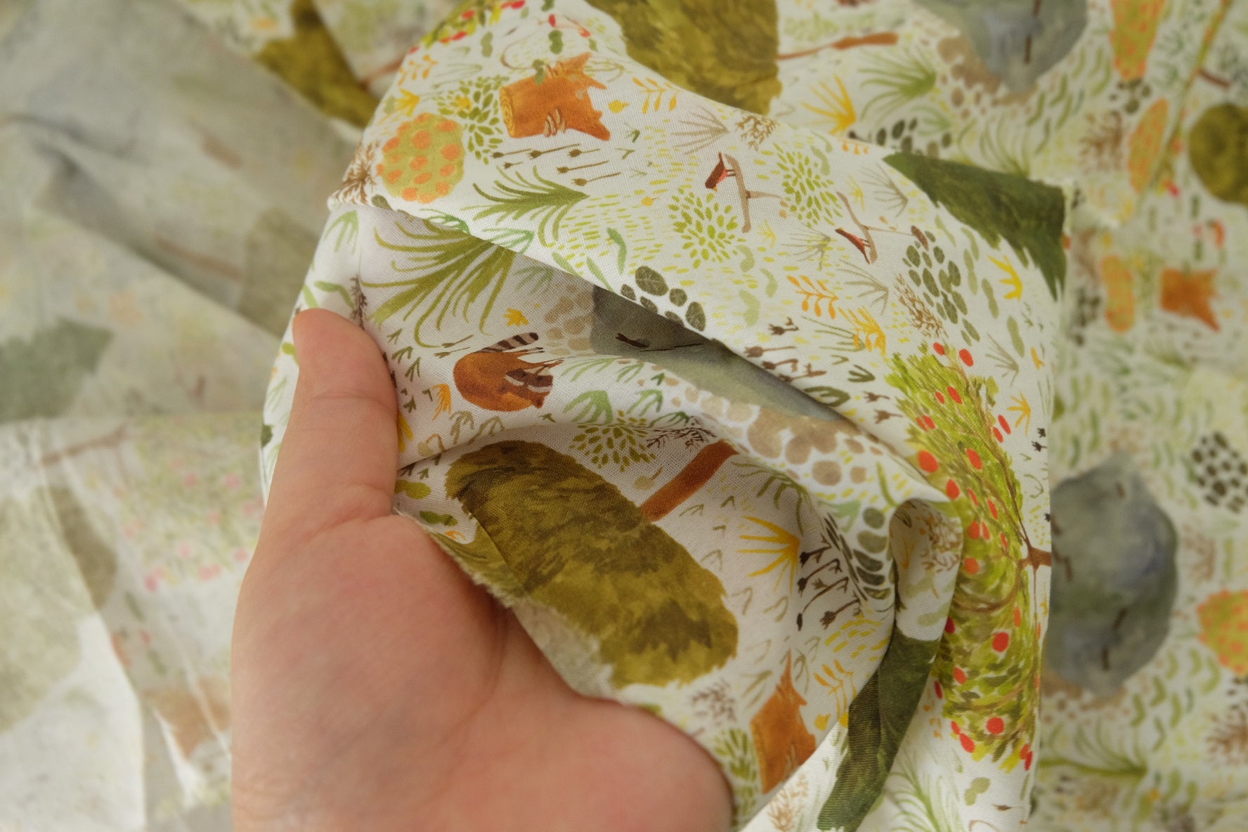 Forest Story Cotton Poplin Fabric – Woodland Animal & Botanical Print – 3.8 yd