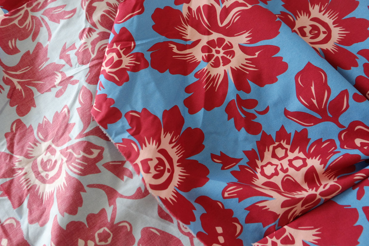 Sky Blue Scarlet Floral Cotton Poplin – 1.1 yd