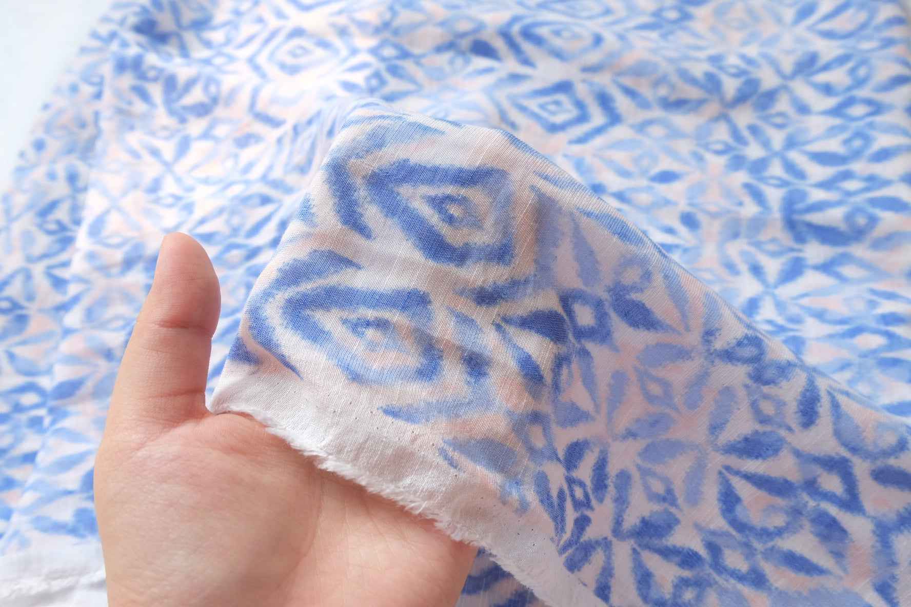 Blue Ikat Tencel Cotton Linen Fabric, Soft Drapey Summer Weight, 3.28 Yards