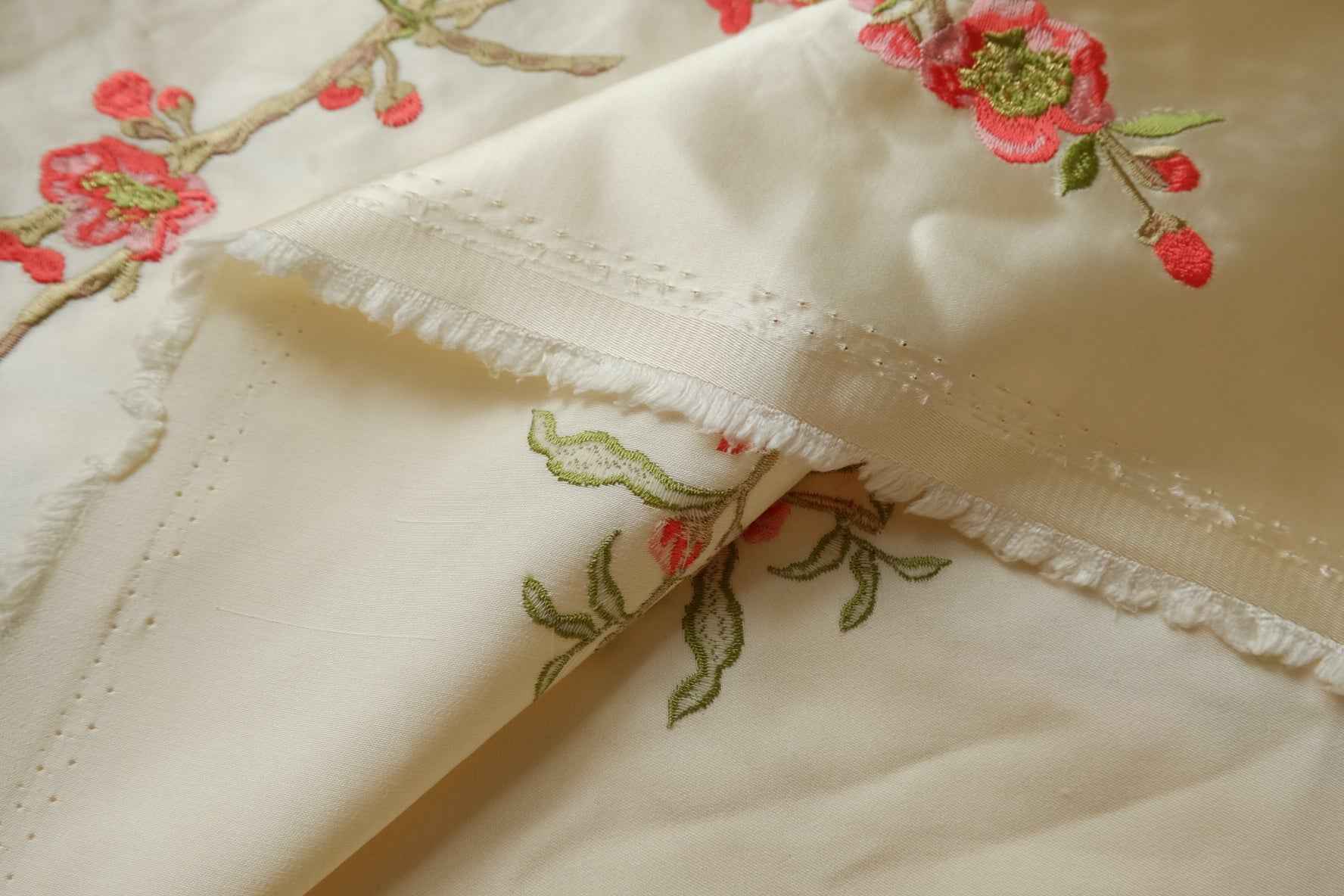 Embroidered Blossom Satin Fabric, Ivory Floral Branches,  2.19 Yards