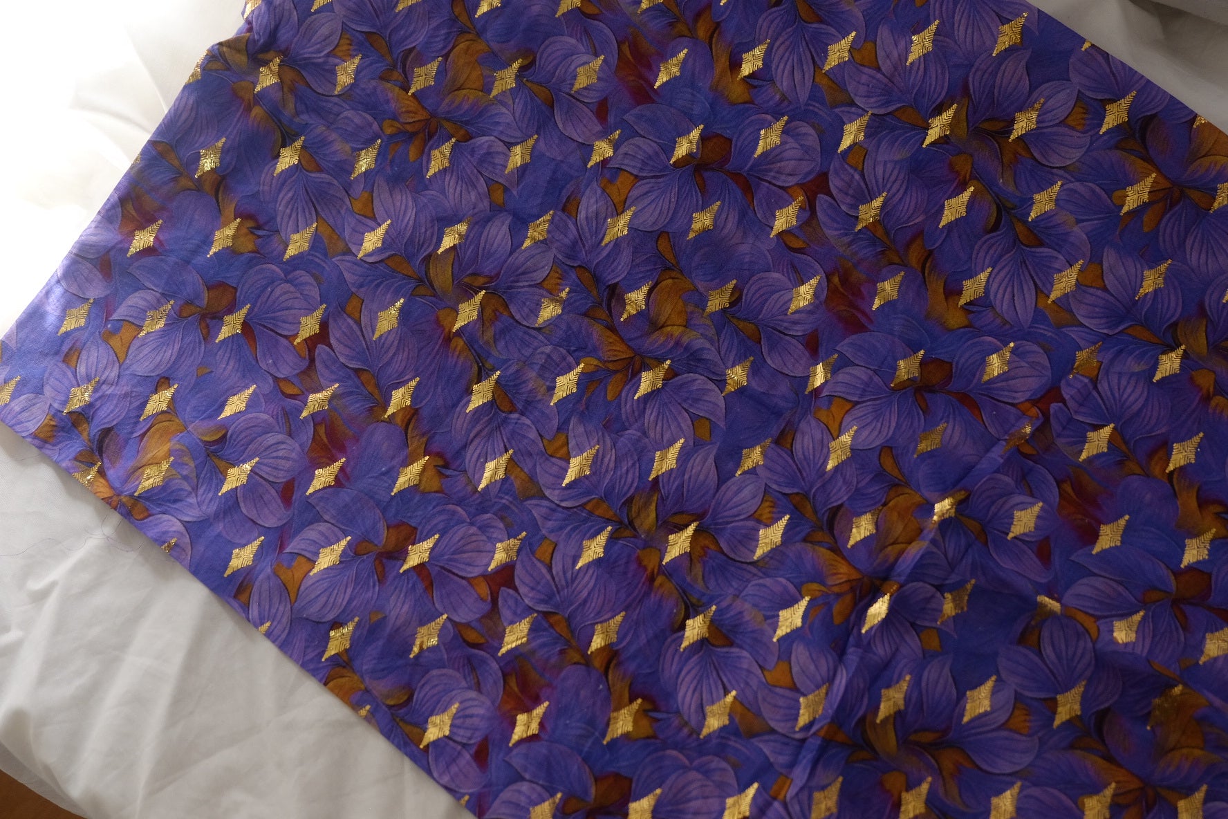 Purple Floral Cotton Lawn with Gold Woven Detail – 1.4 yd