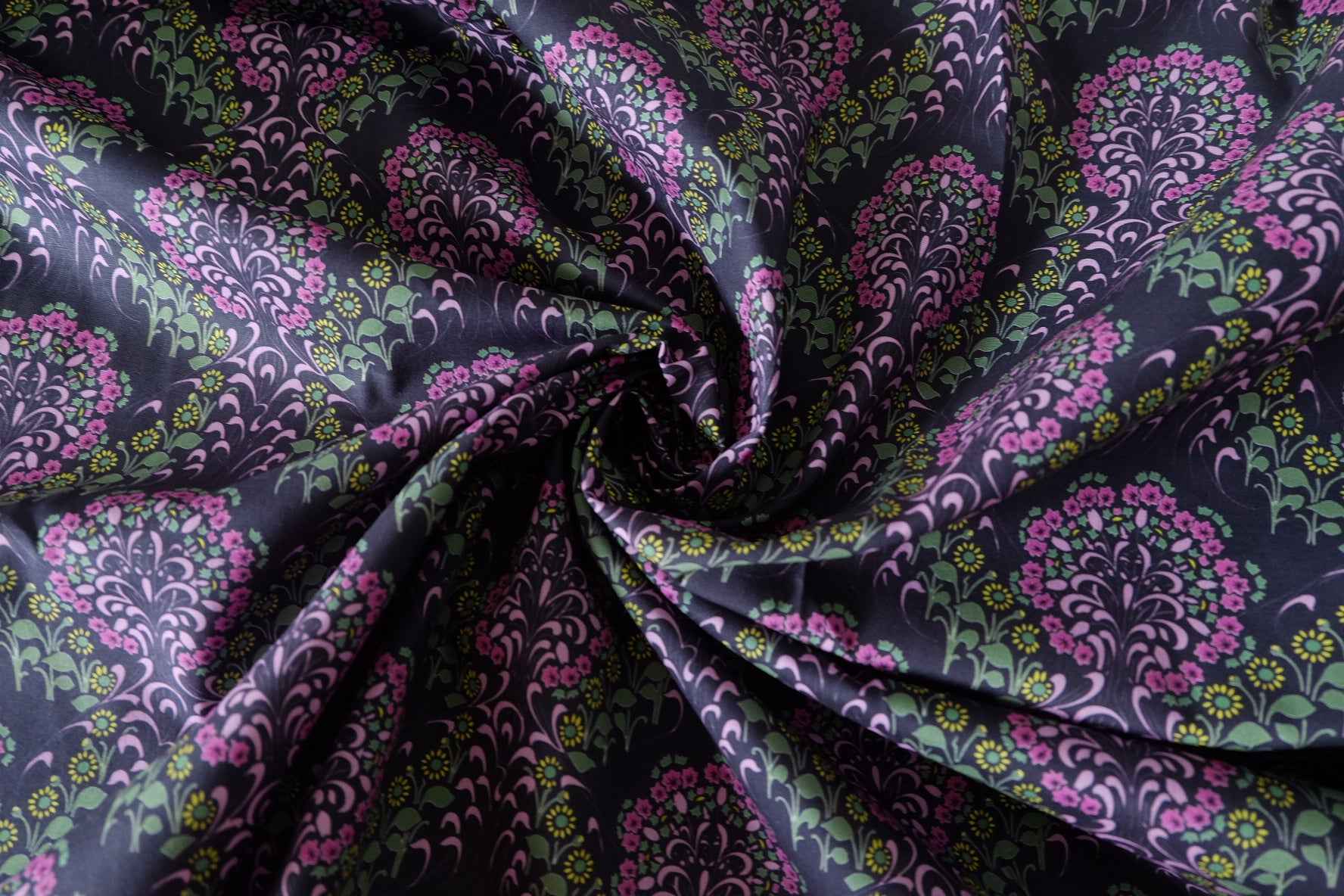 Black Purple Floral Swirl Cotton Poplin Fabric – 3.3 yd