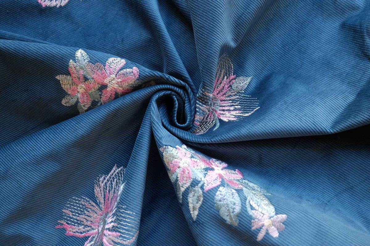 Midnight Teal Floral Embroidered Cotton Corduroy Fabric