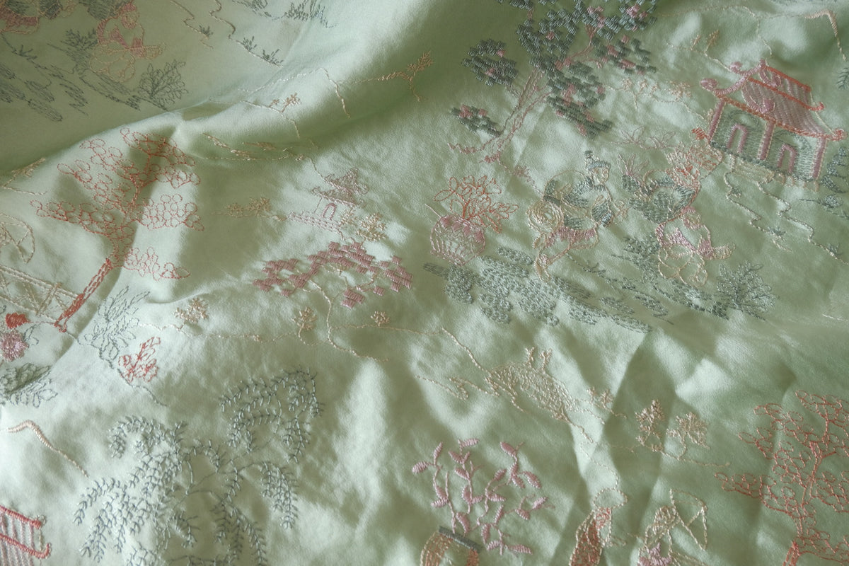 Sage Green Oriental Garden Embroidered Satin – 2.19 yd