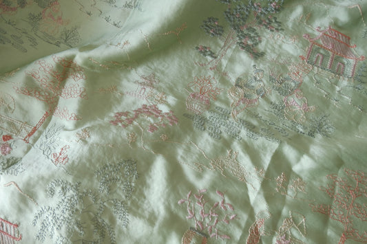 Sage Green Oriental Garden Embroidered Satin – 2.19 yd